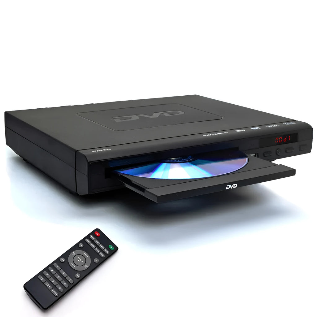 Home DVD Mini HD Player DVD-225 compact 22.3cm front view with remote control and disc tray