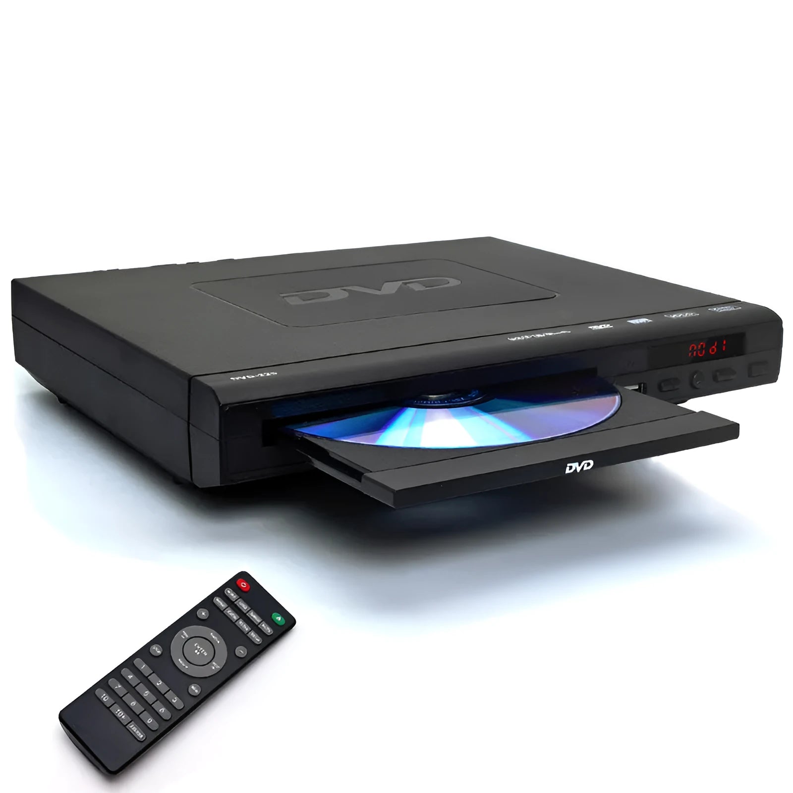 Home DVD Mini HD Player DVD-225 compact 22.3cm front view with remote control and disc tray