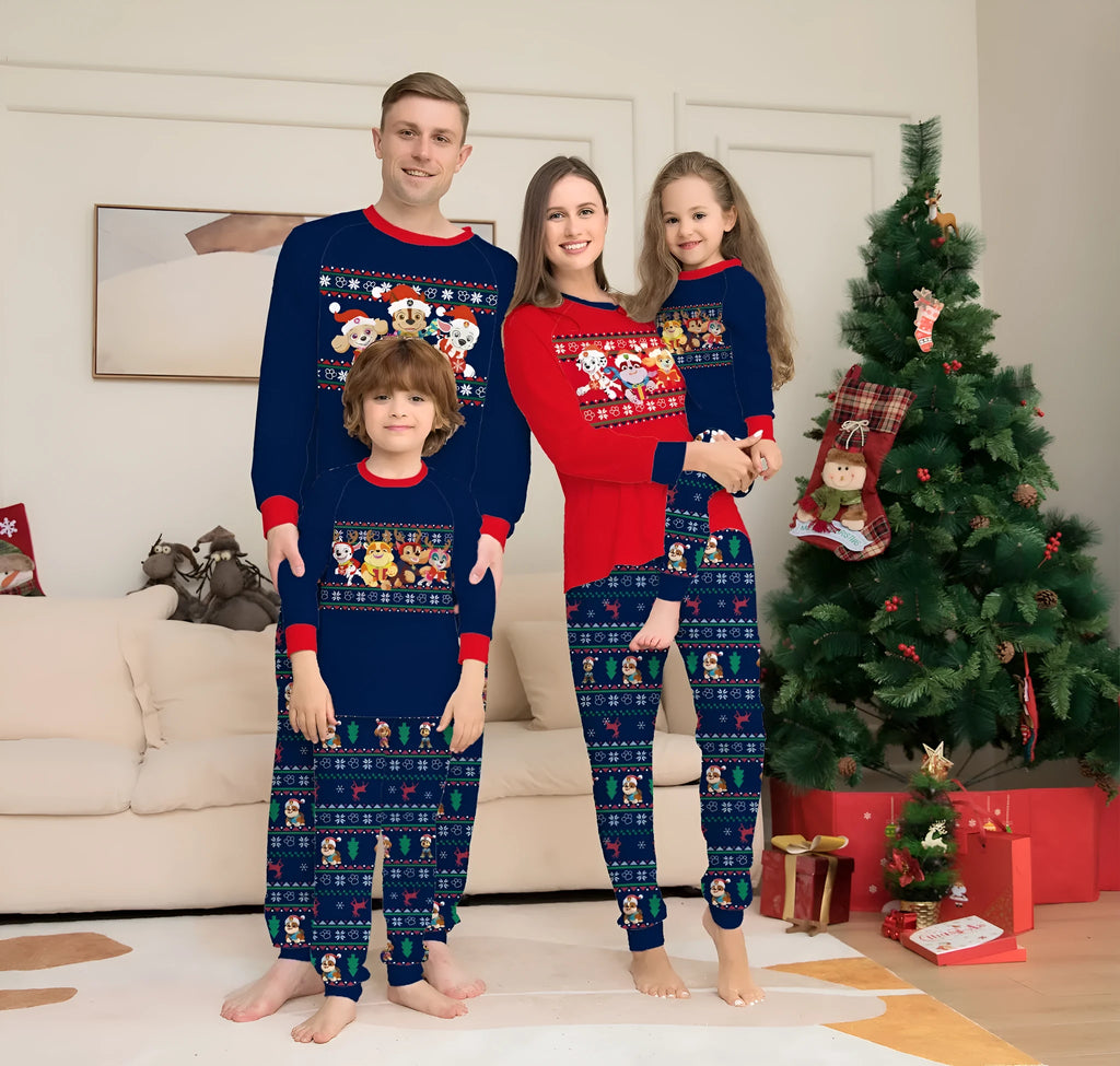 Matching red plaid Christmas pyjamas with deer print for family, including dog, in various sizes.