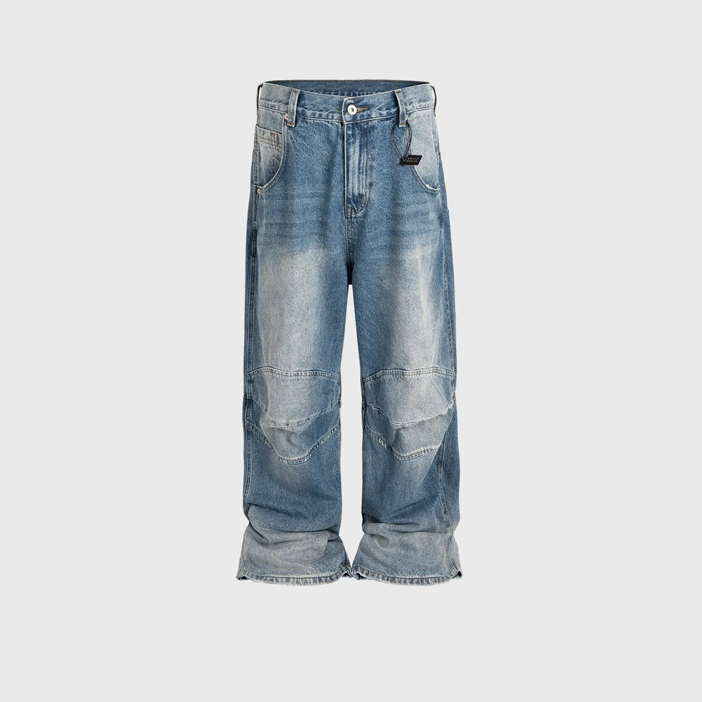 Men's washed white-blue baggy jeans with straight leg and zip fly on hanger