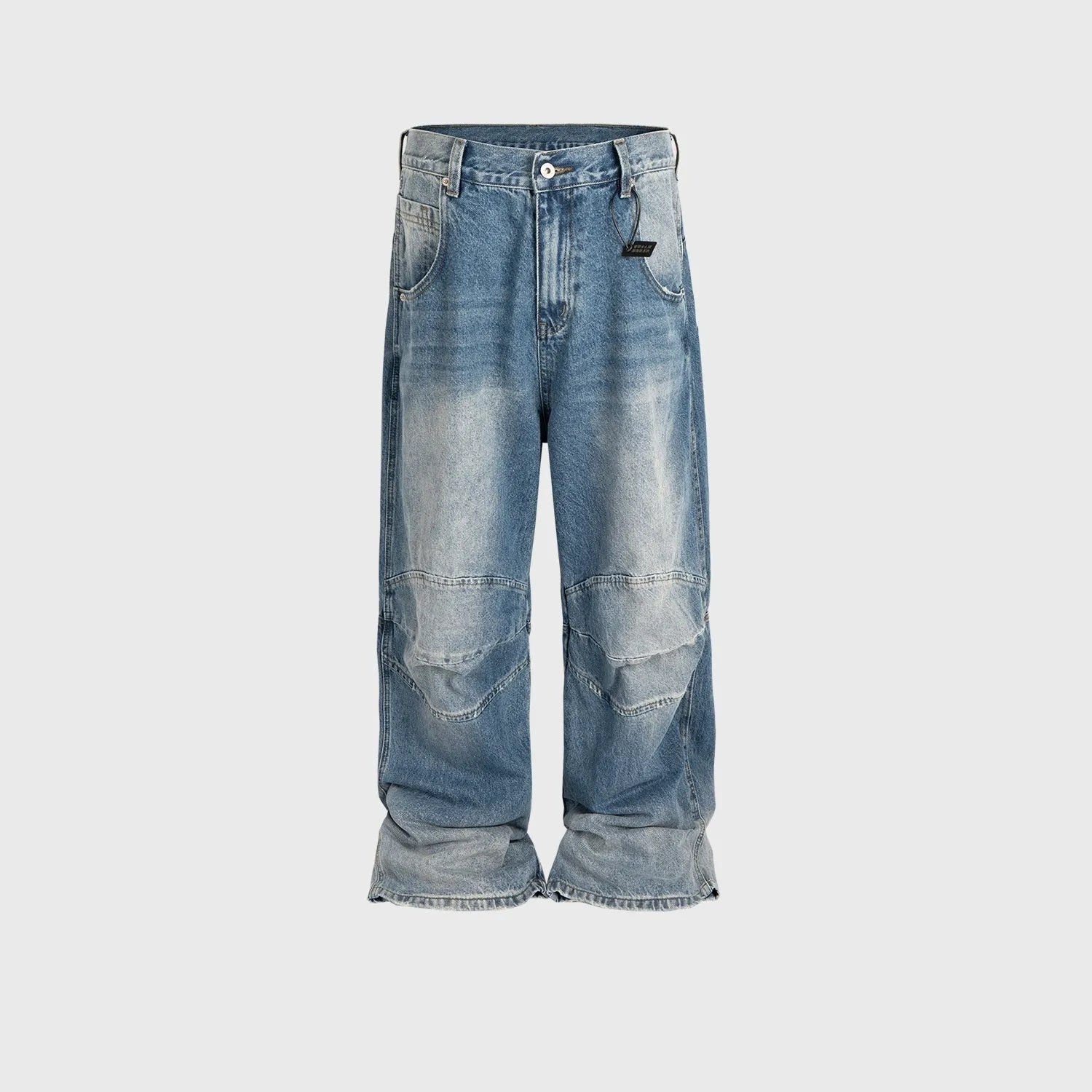 Men's washed white-blue baggy jeans with straight leg and zip fly on hanger