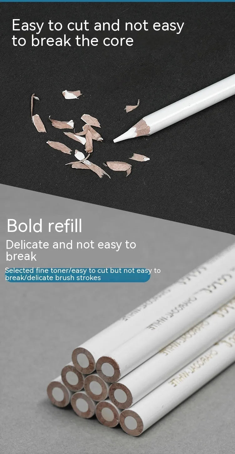 White charcoal highlighting pencils with wooden shells in 3-pack configuration