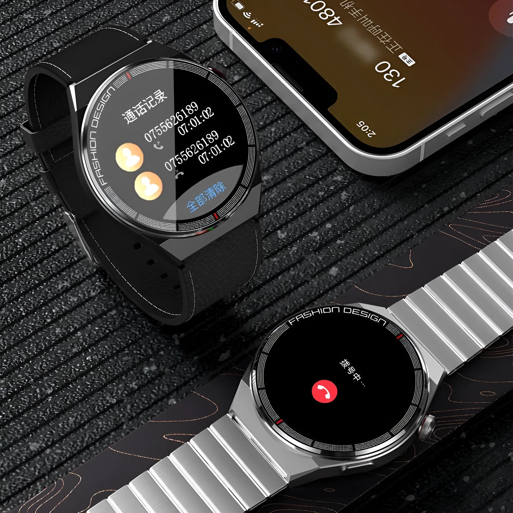 Black smartwatch with 1.28-inch screen on a silicone strap, showing health metrics display.