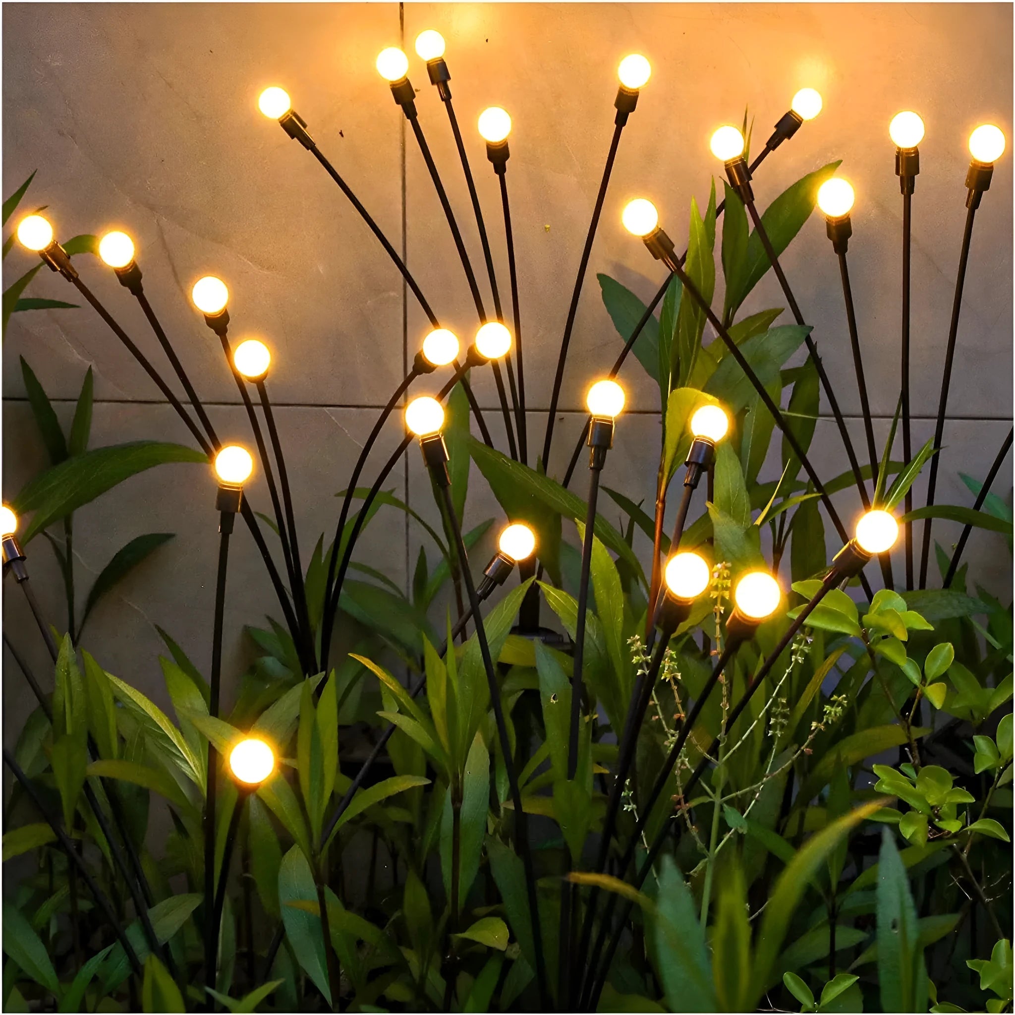 Solar-powered LED firefly garden light with multiple heads and a ground stake.