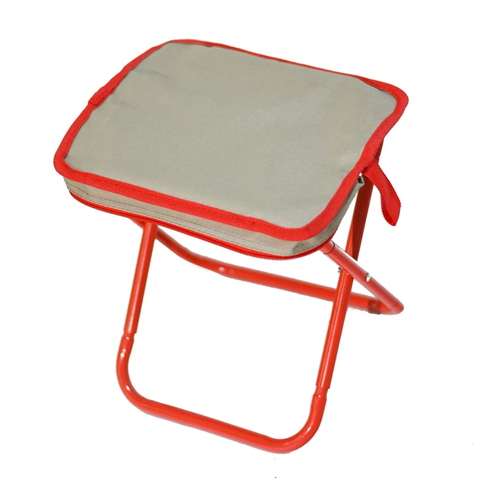 Lightweight foldable camping stool in Oxford cloth shown in a khaki colour, folded to a slim profile.
