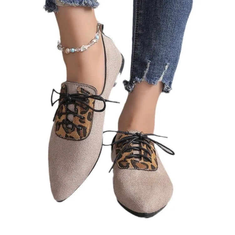 Beige leopard print pointed toe pumps for women in plus sizes 36-43 with artificial PU upper