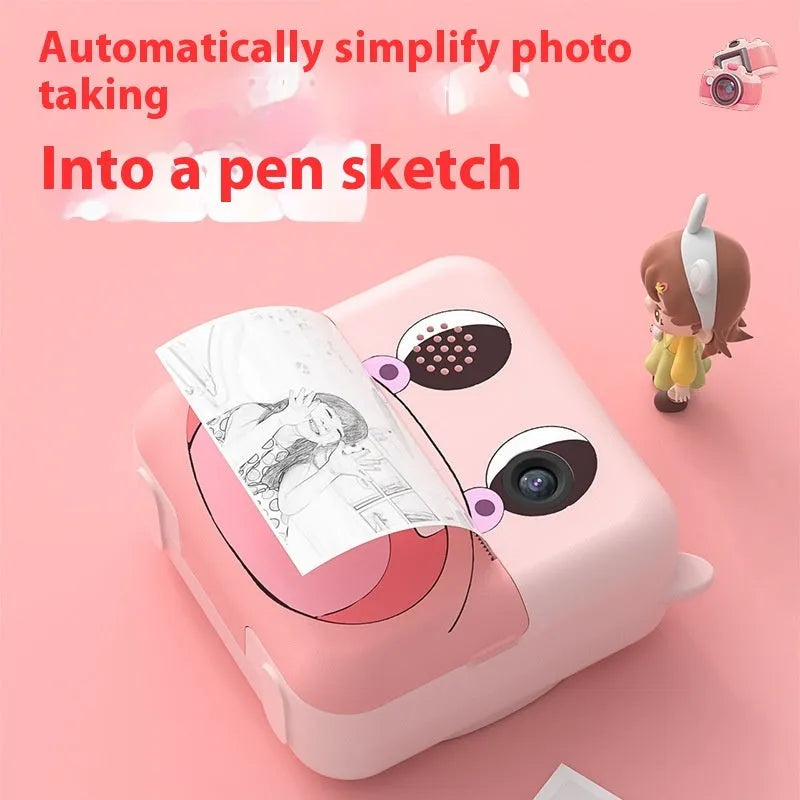 Portable thermal printing camera in pink and blue with ABS body and compact dimensions 102.5 x 59.07 x 79.43 mm