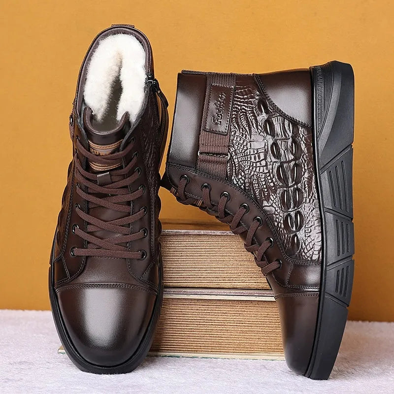 Black and brown round-toe lace-up boots with genuine leather upper, fur lining, and rubber sole.