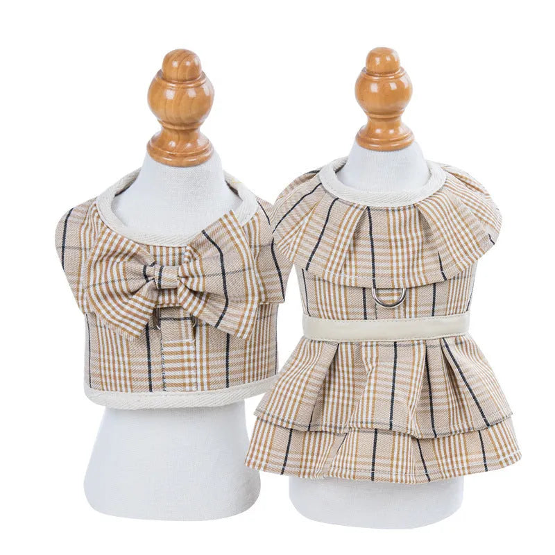 Chest strap pet vest with hand holding rope in milky white or purple skirt style