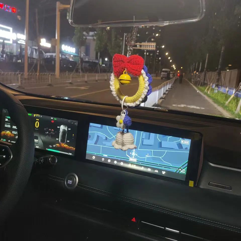 Handmade yarn weaving car hanging decoration in Snow White plush with pendant design