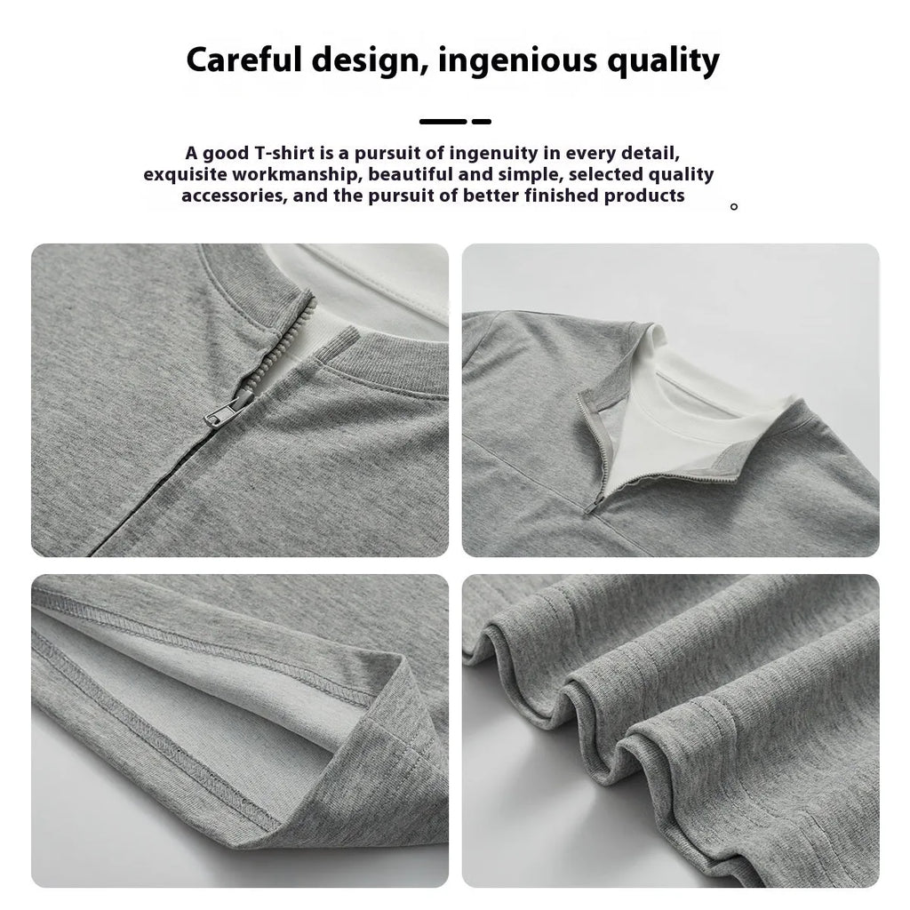 Women's loose zip false two-piece patchwork top in cotton blend fabric solid colours