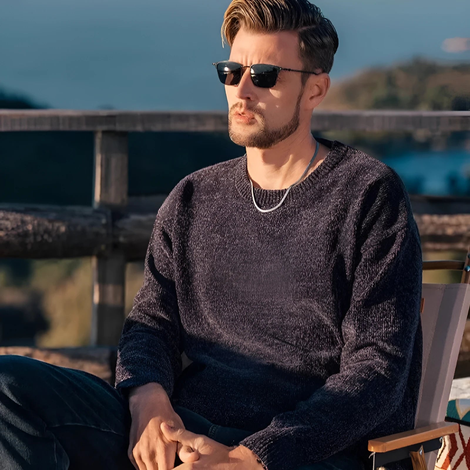 Men's single-layer fleece-lined round neck pullover sweater in black, front view, long sleeves, casual fit.