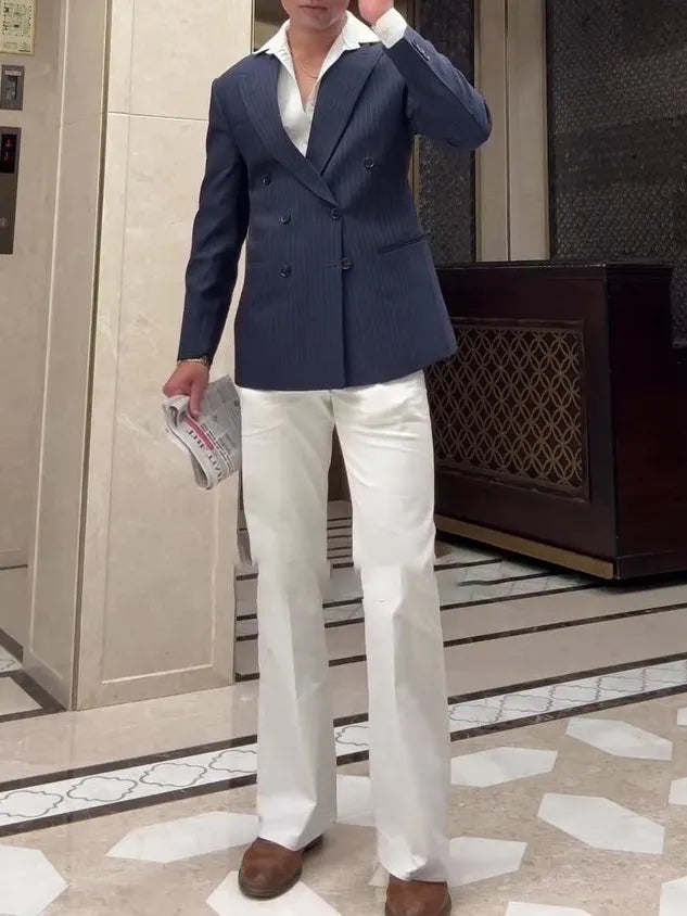 Men's striped double breasted blazer in regular length with classic styling