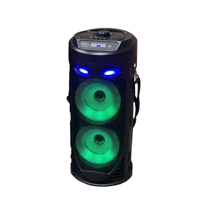 Black portable Bluetooth speaker with dual horn design and wheat aesthetic details
