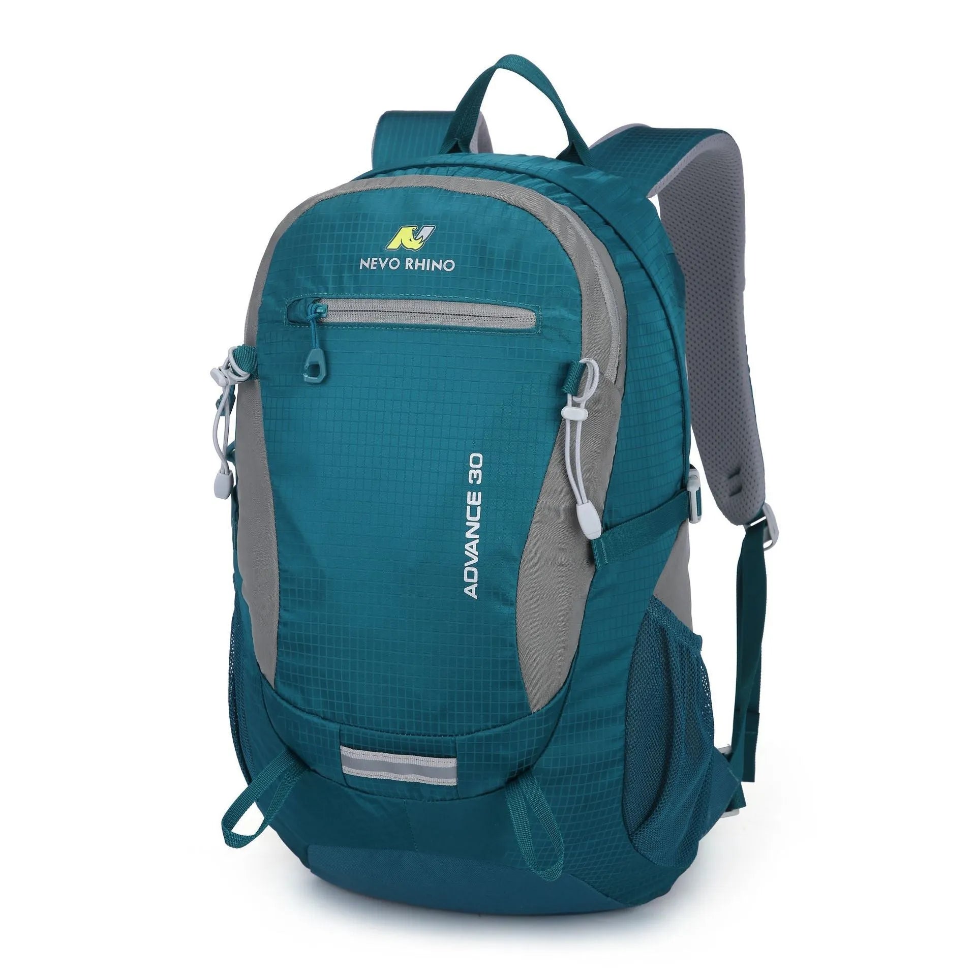 30 litre nylon waterproof backpack in dark green with airpillow straps, shown from the back.