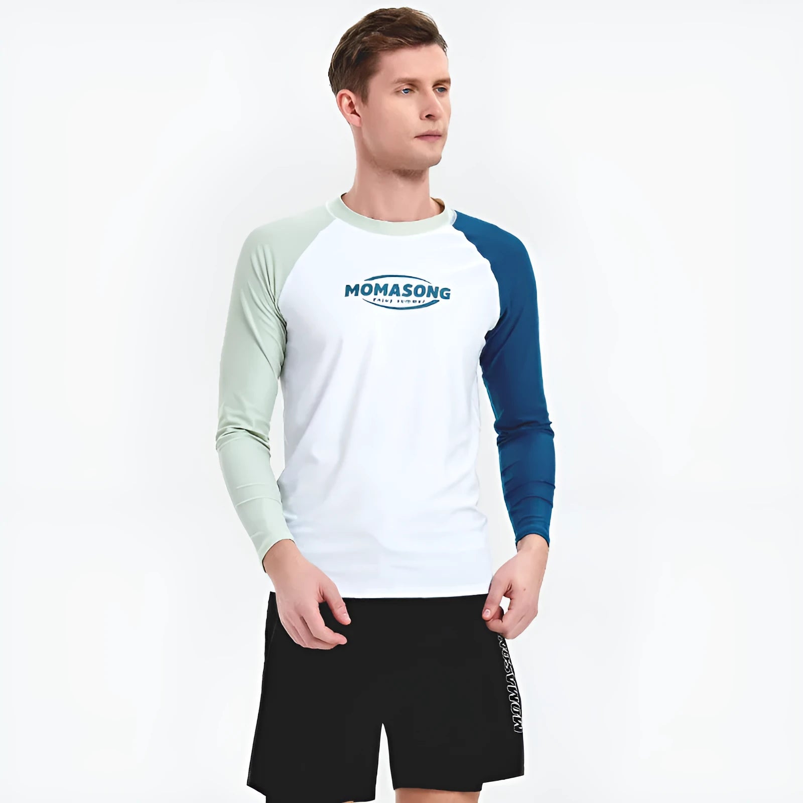 Men's white long sleeve swim top and matching double-layer swim trunks set