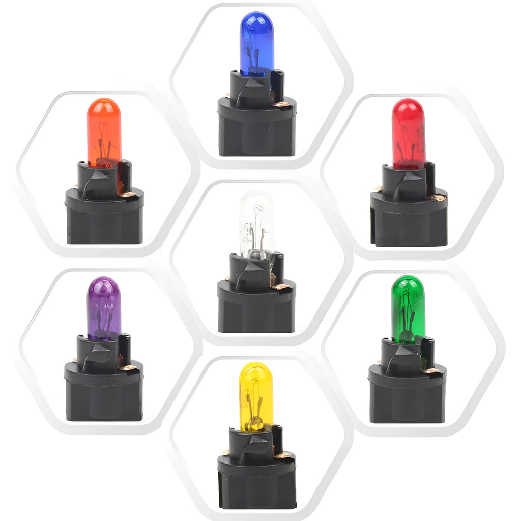 T5 12-volt 1.2-watt automotive indicator light bulb in six colours: red, blue, green, amber, yellow, purple.