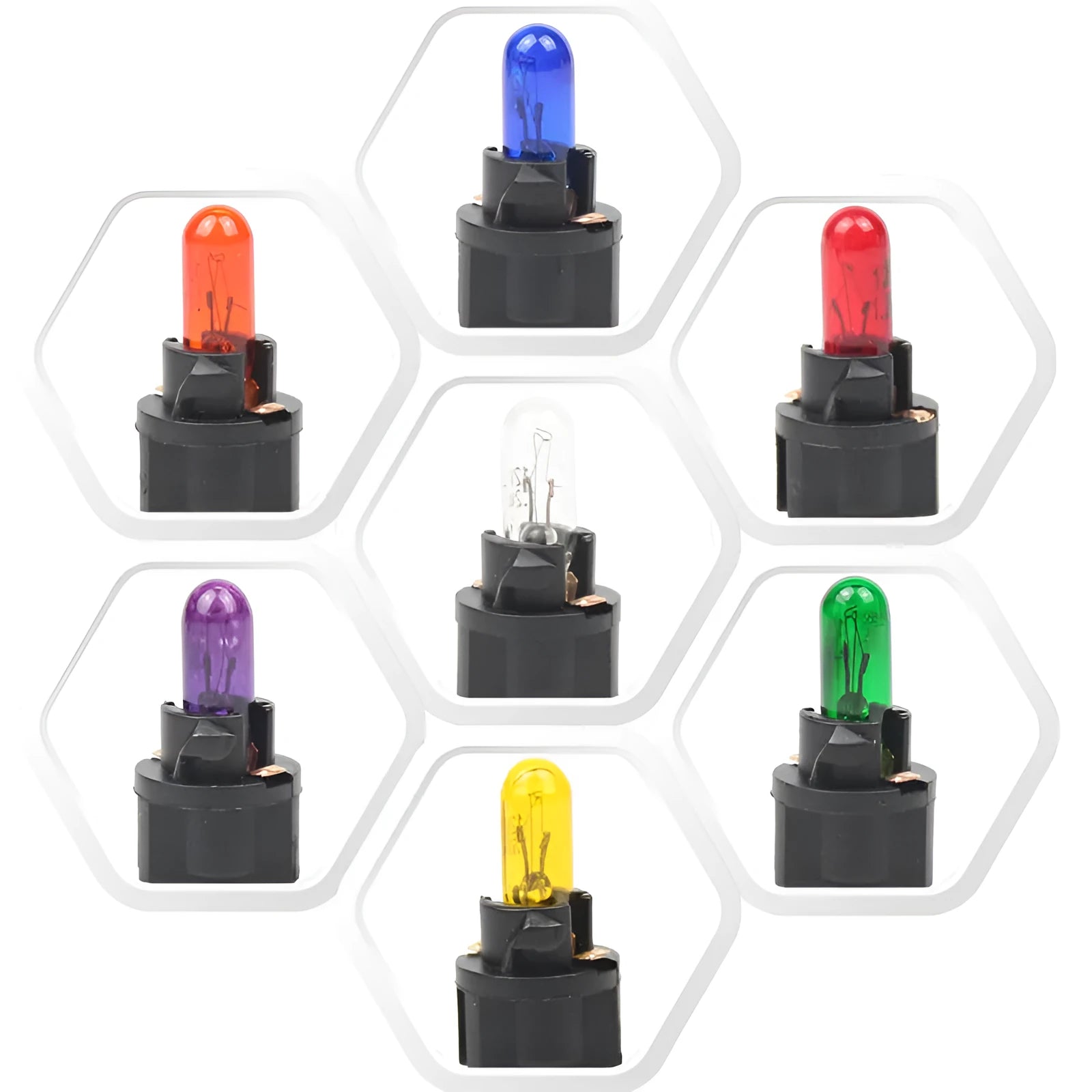 T5 12-volt 1.2-watt automotive indicator light bulb in six colours: red, blue, green, amber, yellow, purple.