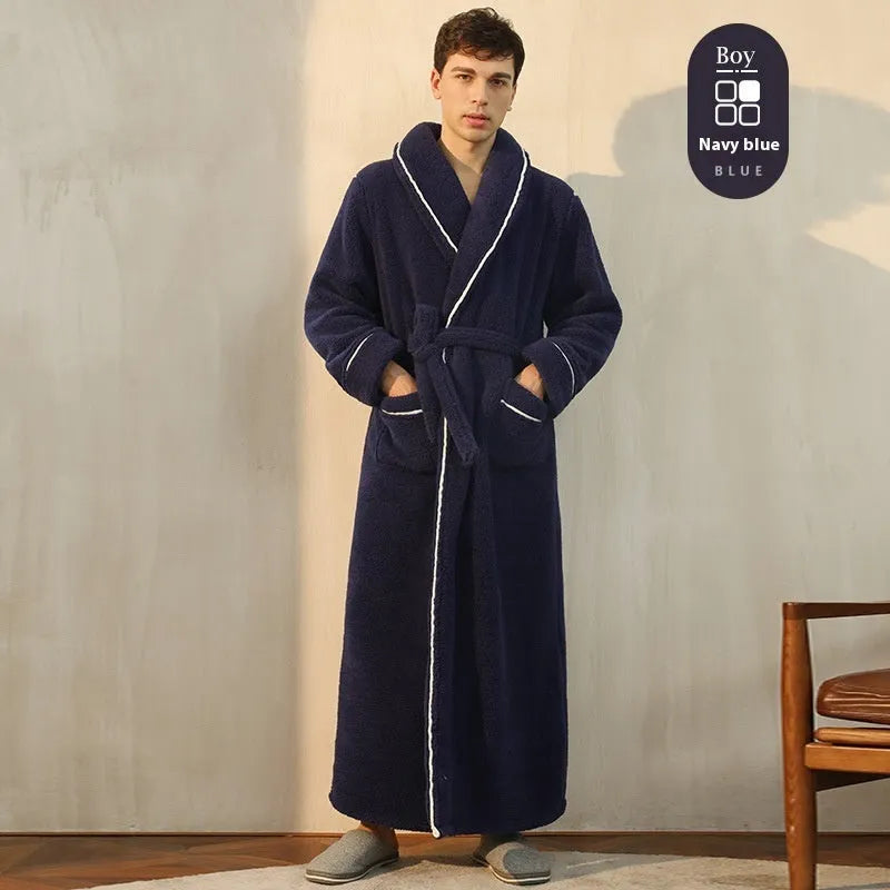 Thick flannel winter bathrobe for couples in multiple colour options like navy blue and cherry yellow.
