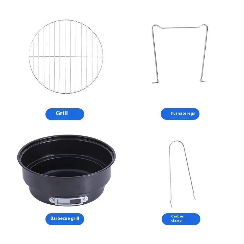 Compact metal folding round ice stove grill with legs, mesh, and carry bag for outdoor cooking.