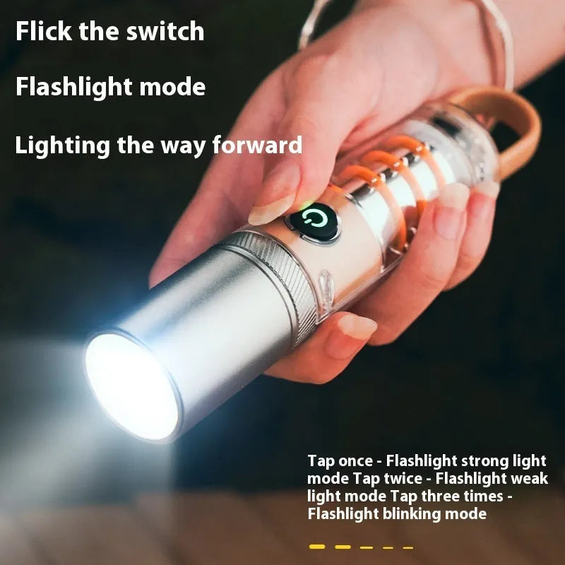 Orange 10W LED torch with optical zoom, hanging hook, and keychain attachment