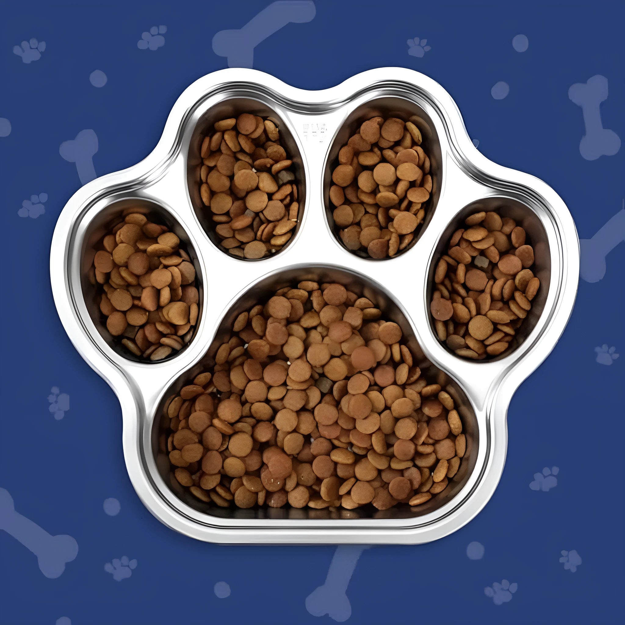Silver stainless steel slow feeder dog bowl with raised ridges for slowing eating, 2 cup capacity, non-slip base, on a light background