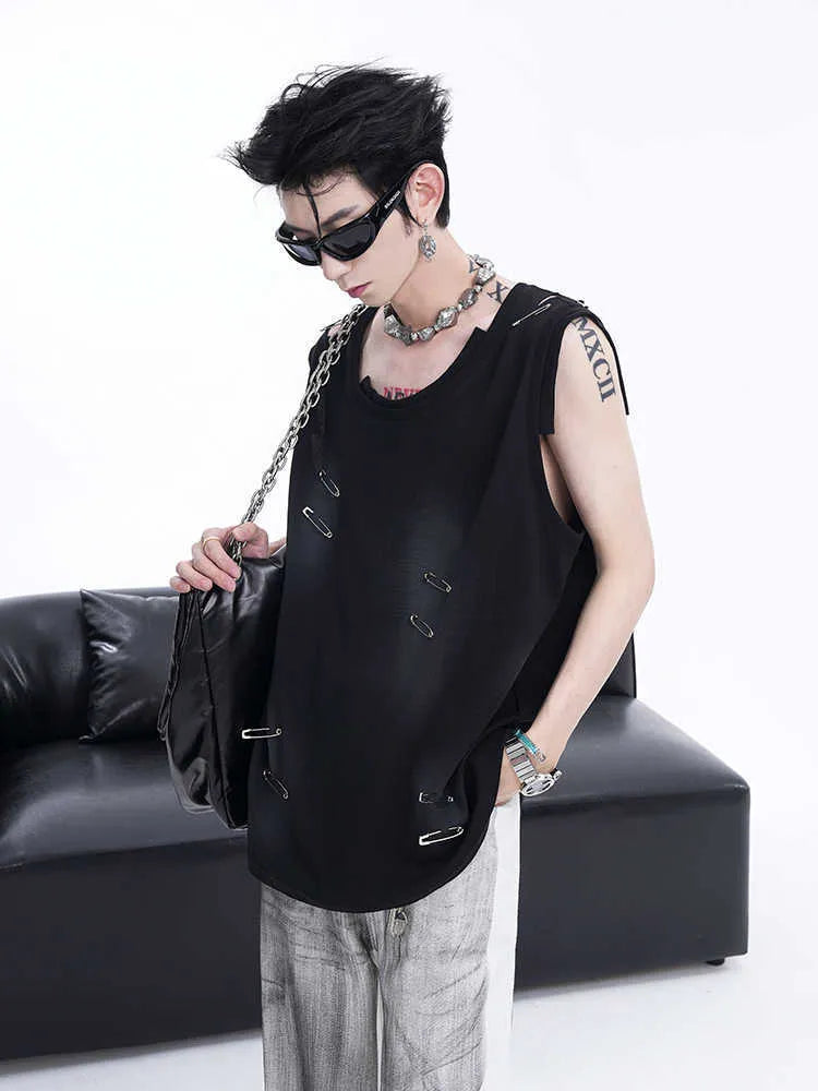 Men's black sleeveless waistcoat vest with irregular cutting and ripped design details