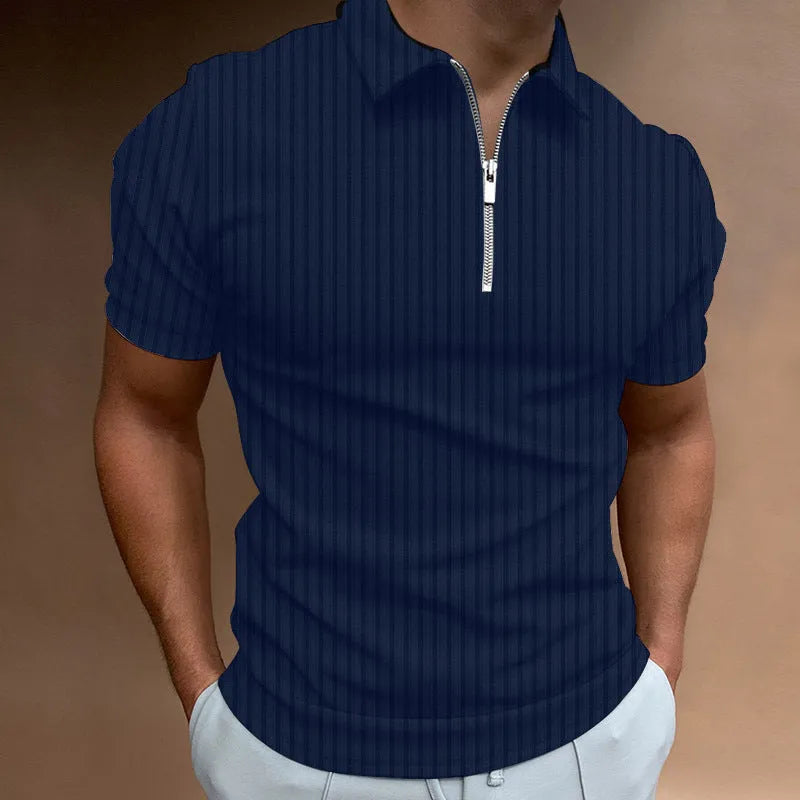 Men's striped zipper short sleeve t-shirt in cotton blend, tight fit, available in multiple colours, summer leisure wear