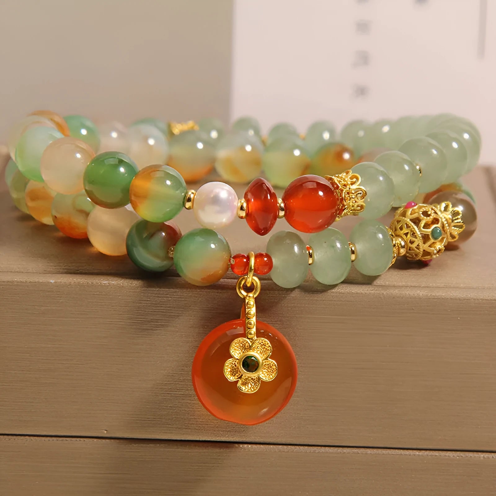 Peacock green agate double ring bracelet with safety buckle clasp and rhinestone decorative elements