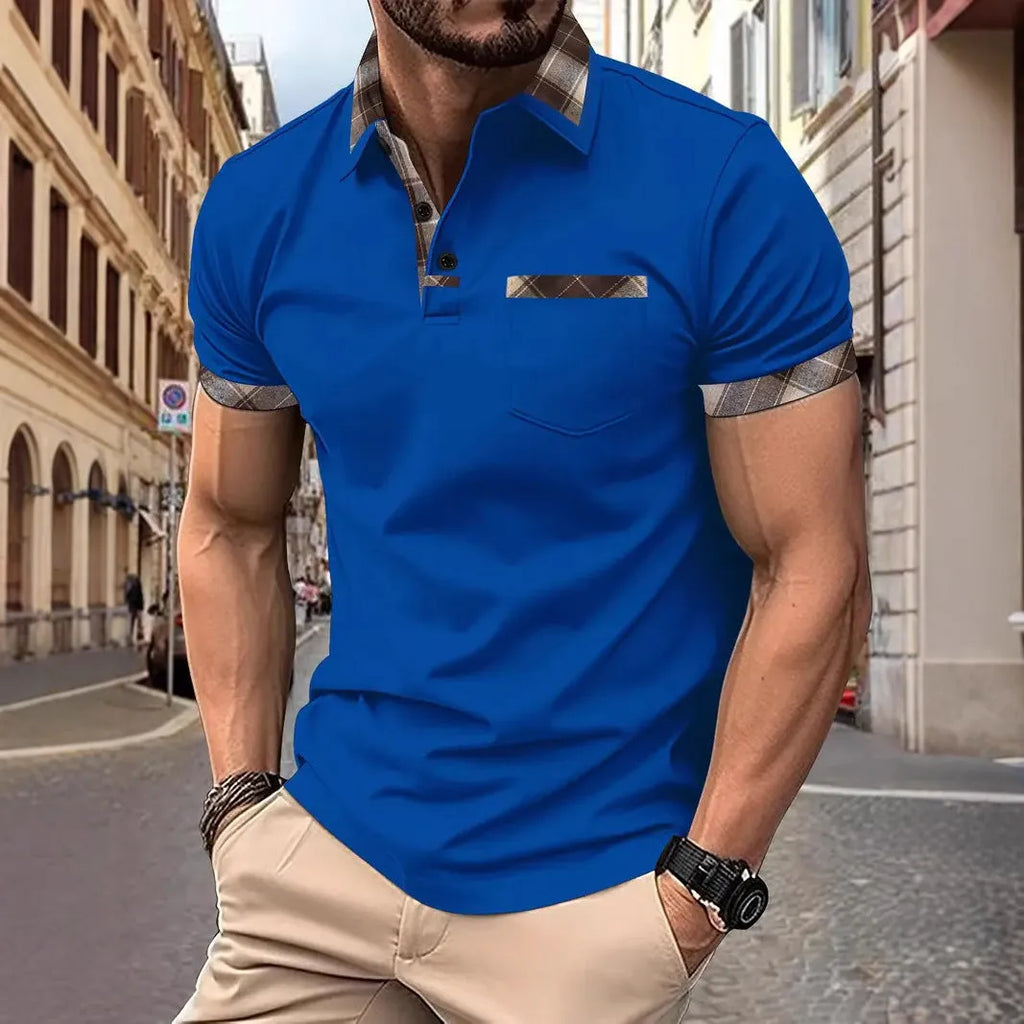 Men's loose fit plaid colourblock t-shirt with short sleeves and zipper decorations in multiple colour options