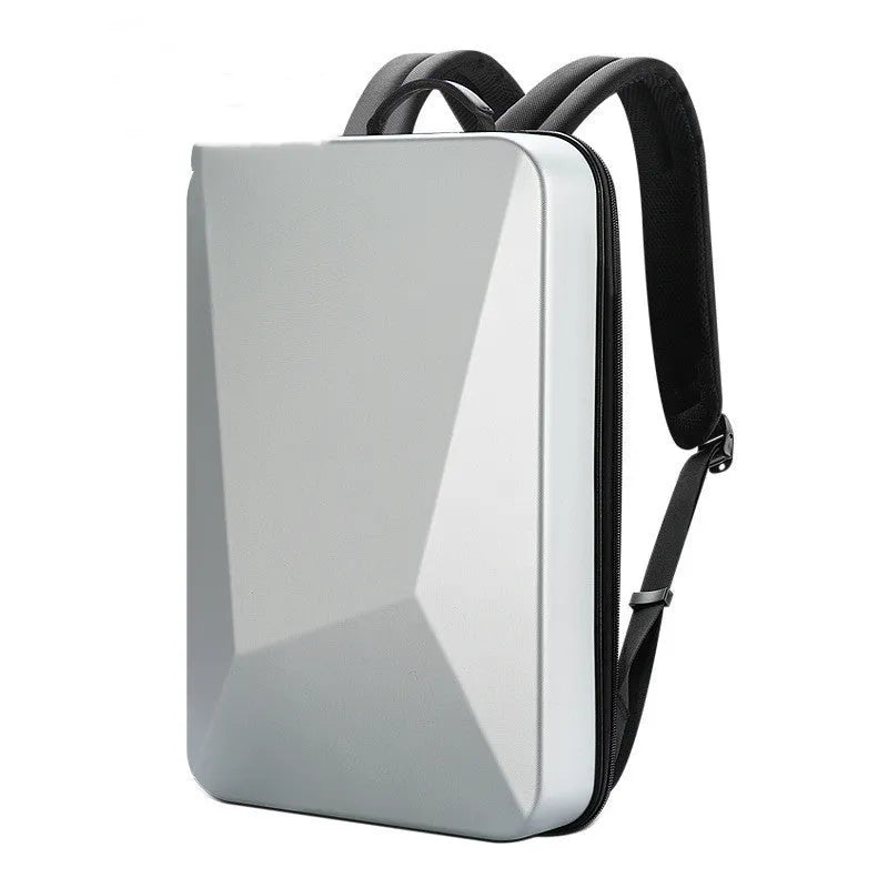 Hard-shell titanium silver gaming backpack with lock, showing internal organiser pockets.