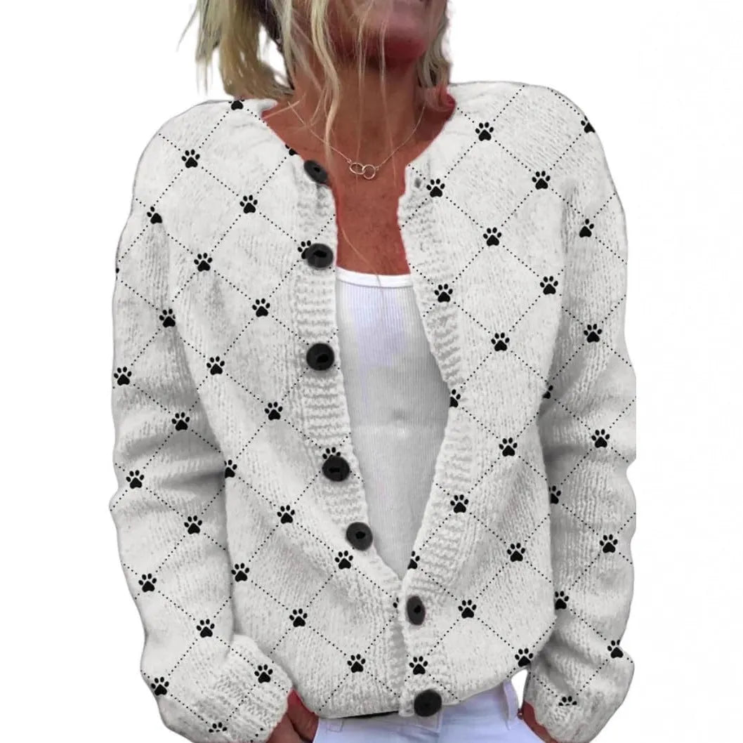 Women's loose-fit cardigan coat with a white 3D geometric digital print pattern on a solid coloured background.