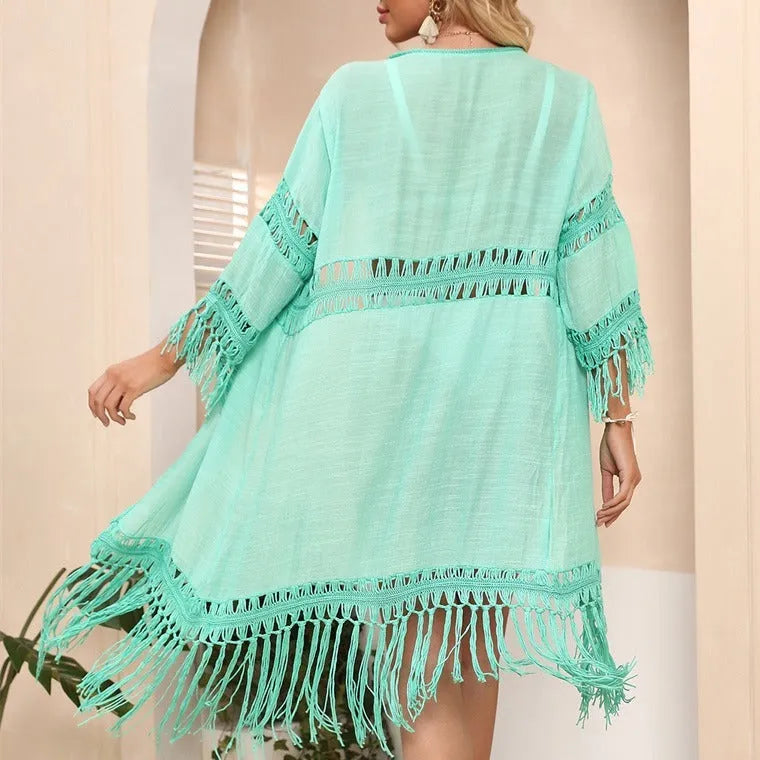 Hand-crocheted acrylic beach cover-up cardigan with tassel detail in water green colour.