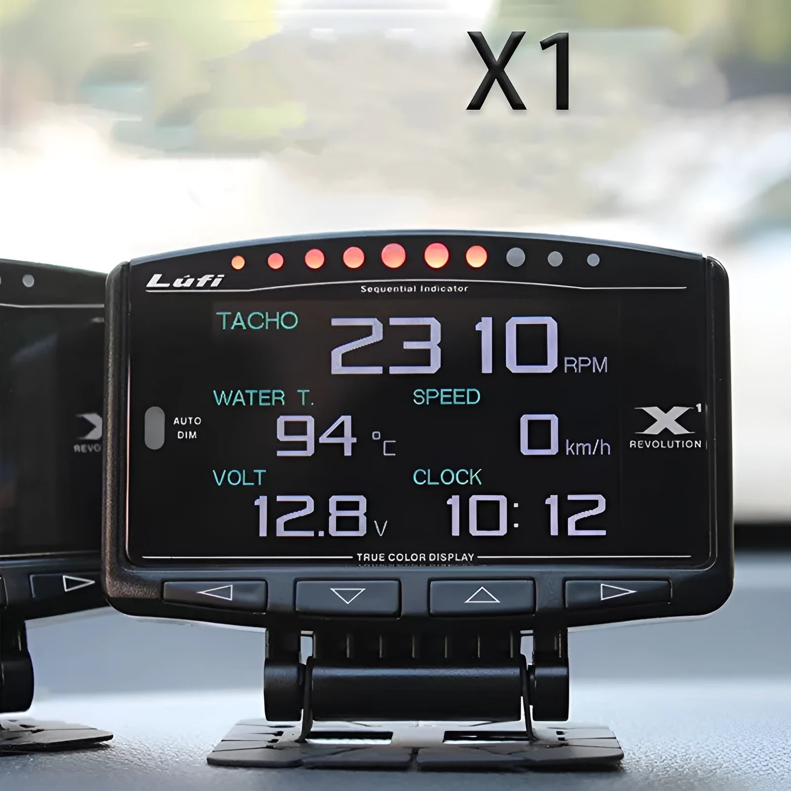 X1 English version automotive OBD diagnostic instrument with LED display on metal housing.