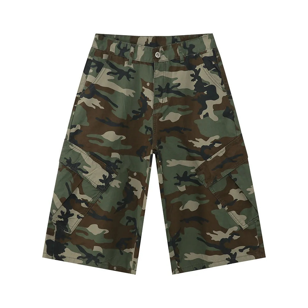 Men's loose fit camouflage cotton trousers with cropped wide leg and American side stitching