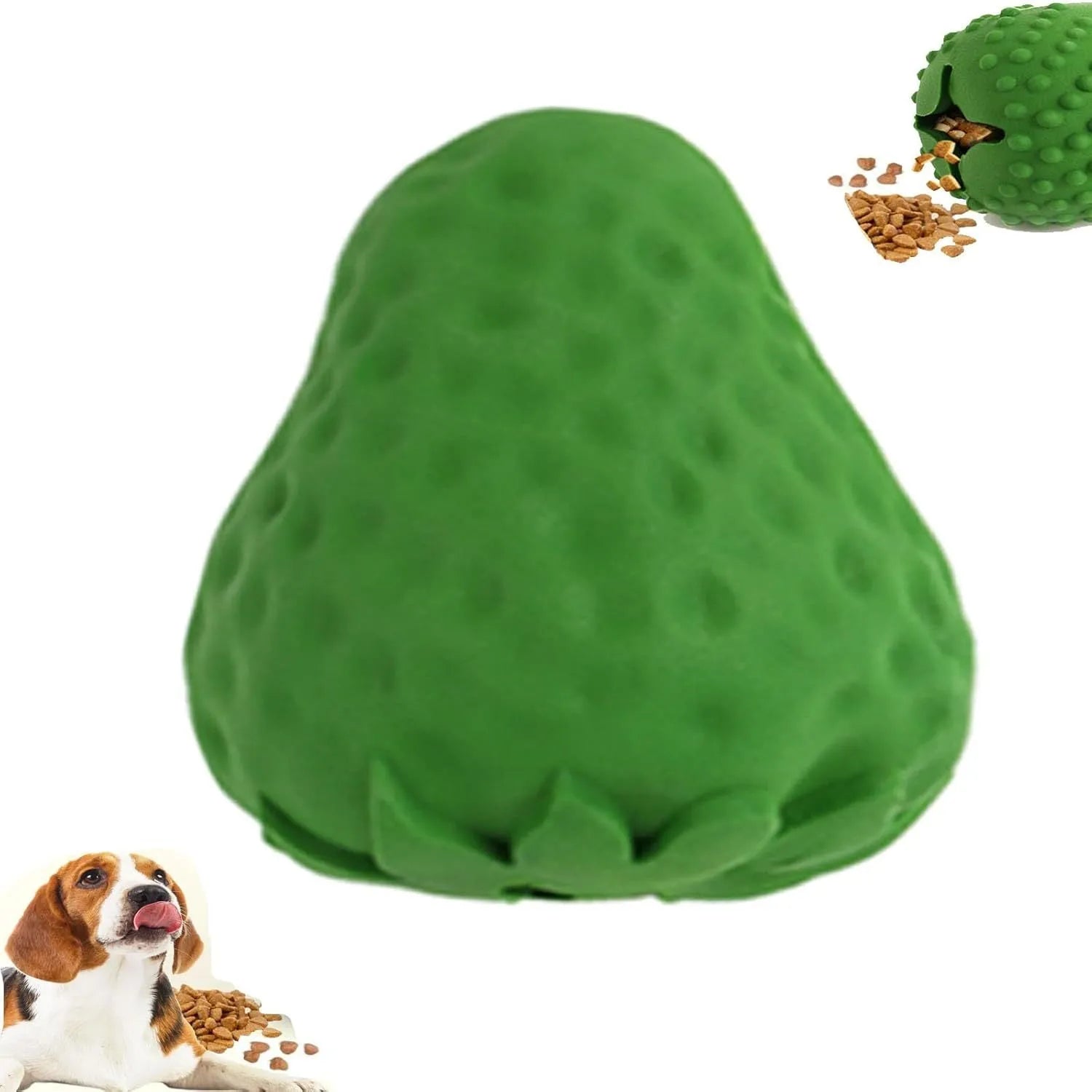 Green strawberry dog chew toy made from natural rubber with bamboo fibre on a white background