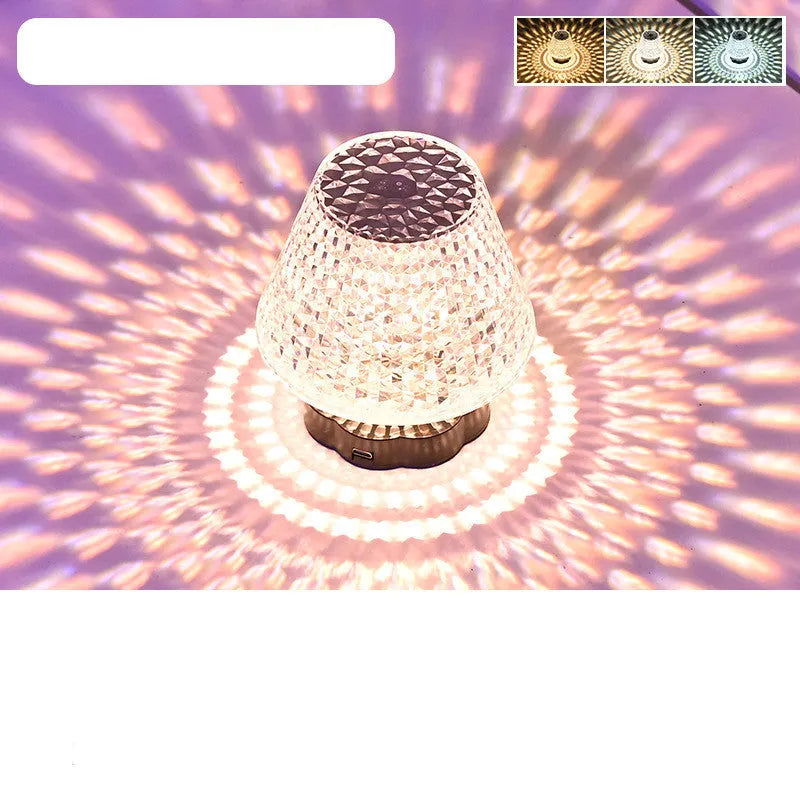 Crystal table lamp with touch sensor base showing three colour temperature options on tabletop