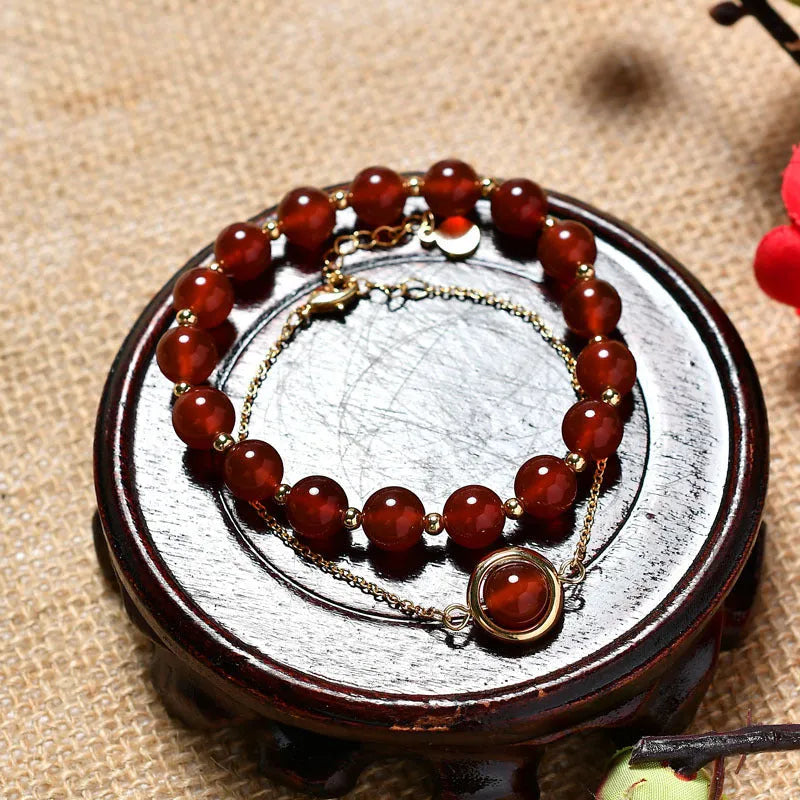 Double-layer women's bracelet with strawberry quartz crystals and electroplated gold finish on adjustable copper band