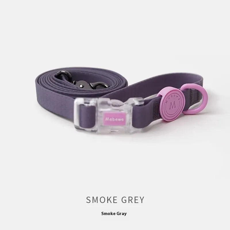 Nylon dog collar and leash set in rose pink, showing clip and length options.