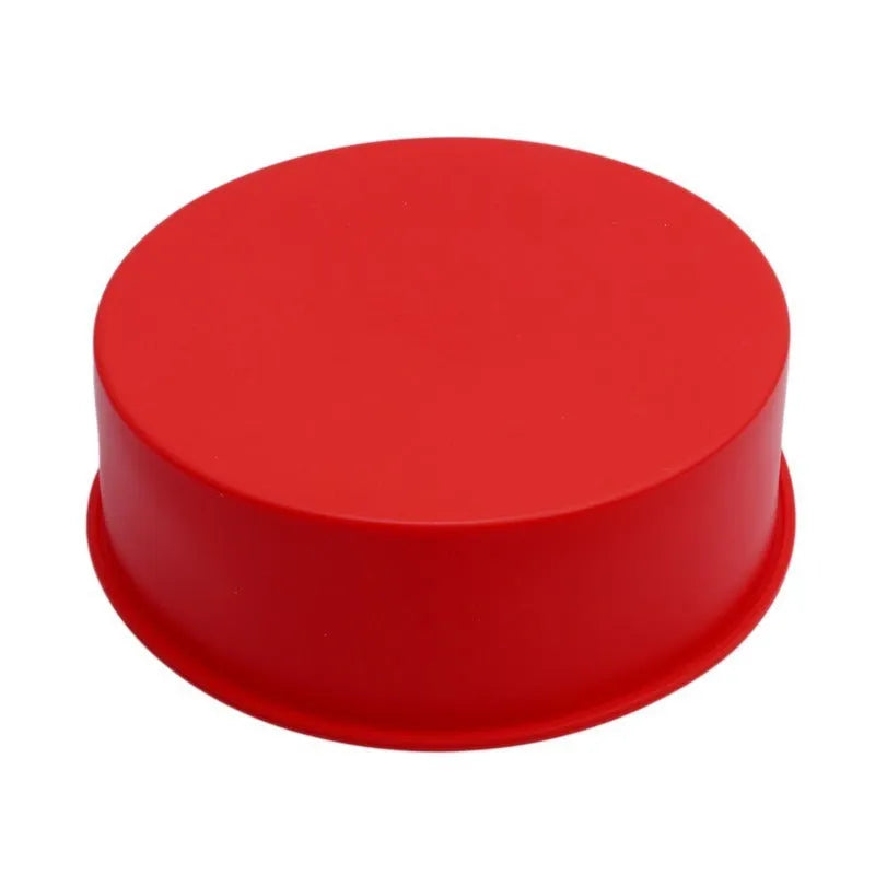 Red silicone round cake baking mould showing three size options for home baking