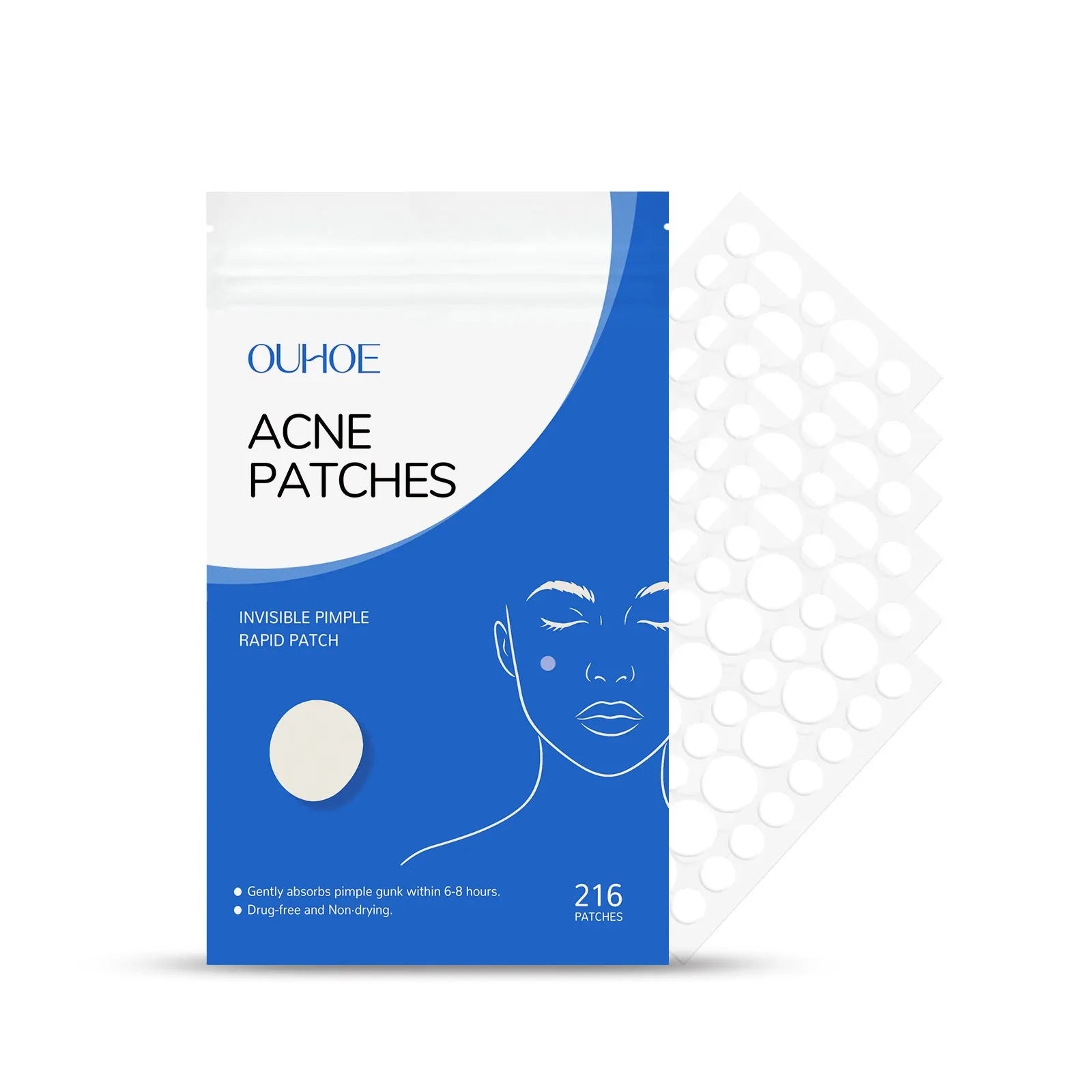 Pack of 216 hydrocolloid acne patches for facial blemish care with tea tree oil and vitamin E.