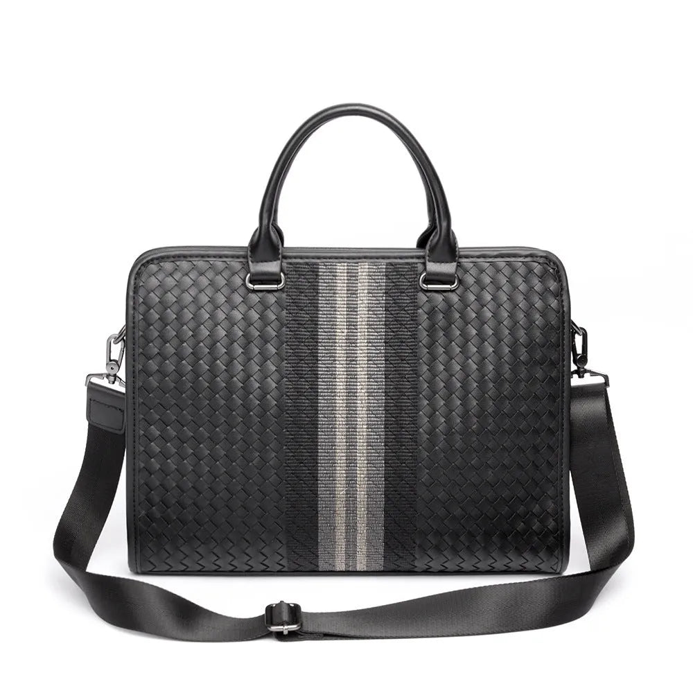 Men's stitching woven business casual briefcase in black PU leather with shoulder strap, solid colour design