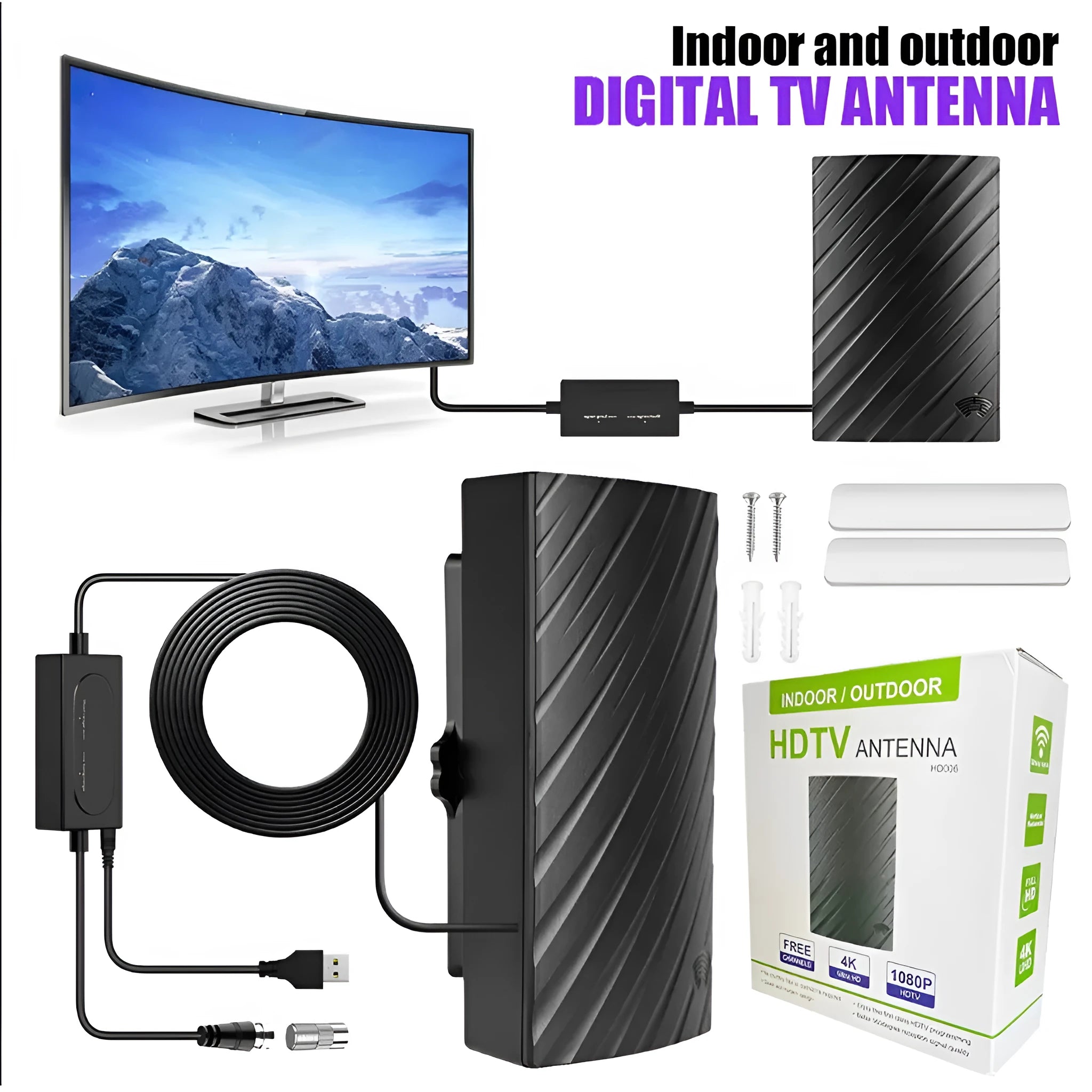 Black plastic digital TV antenna with mounting screws, tubes, adhesive tape, and cable ties.