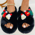 Women's Christmas hat decoration slippers in faux plush, showing black, khaki, and white colour options on a rubber sole.