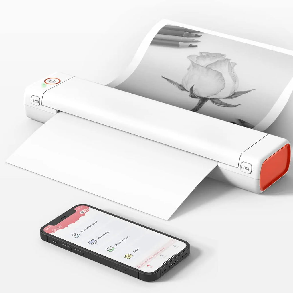 Phomemo M08F white portable A4 thermal printer with charging cable on desk