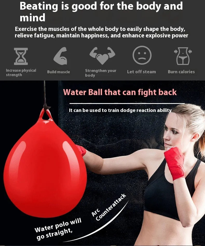 Red PVC water-filled boxing reaction ball with black hook rope sling for speed training.