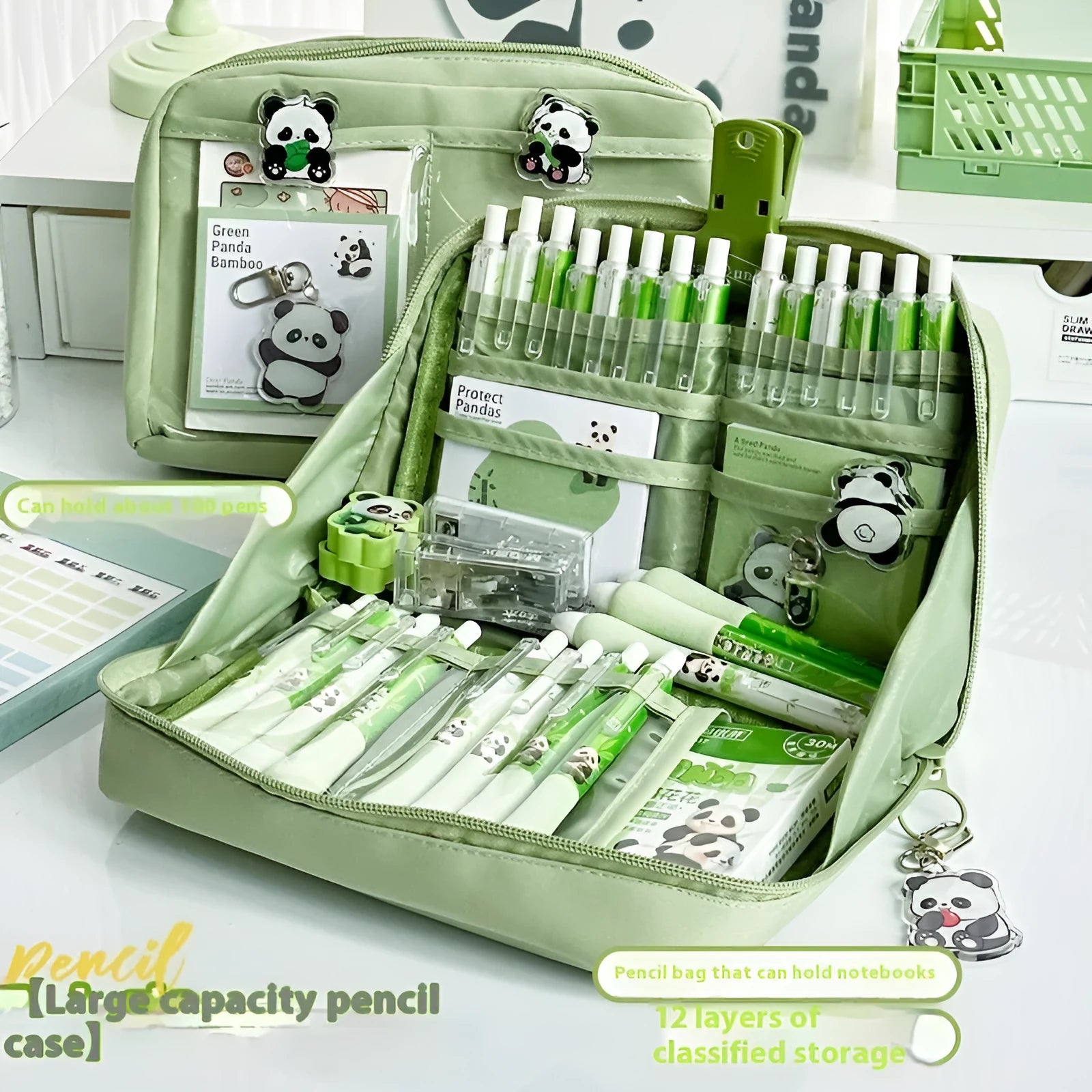 Green canvas pencil case with 12 layer compartments showing Korean style design