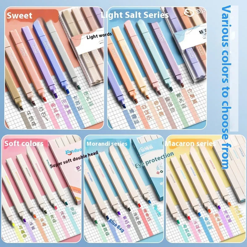 Set of double-ended fluorescent highlighter pens with chisel and fine tips, showing mixed bright colours.