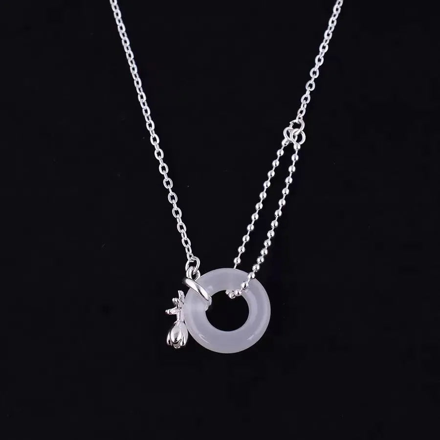 925 silver tulip white jade peace buckle necklace with cross chain on woman