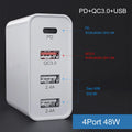 White multi-port fast charger with PD and QC technology showing multiple USB ports